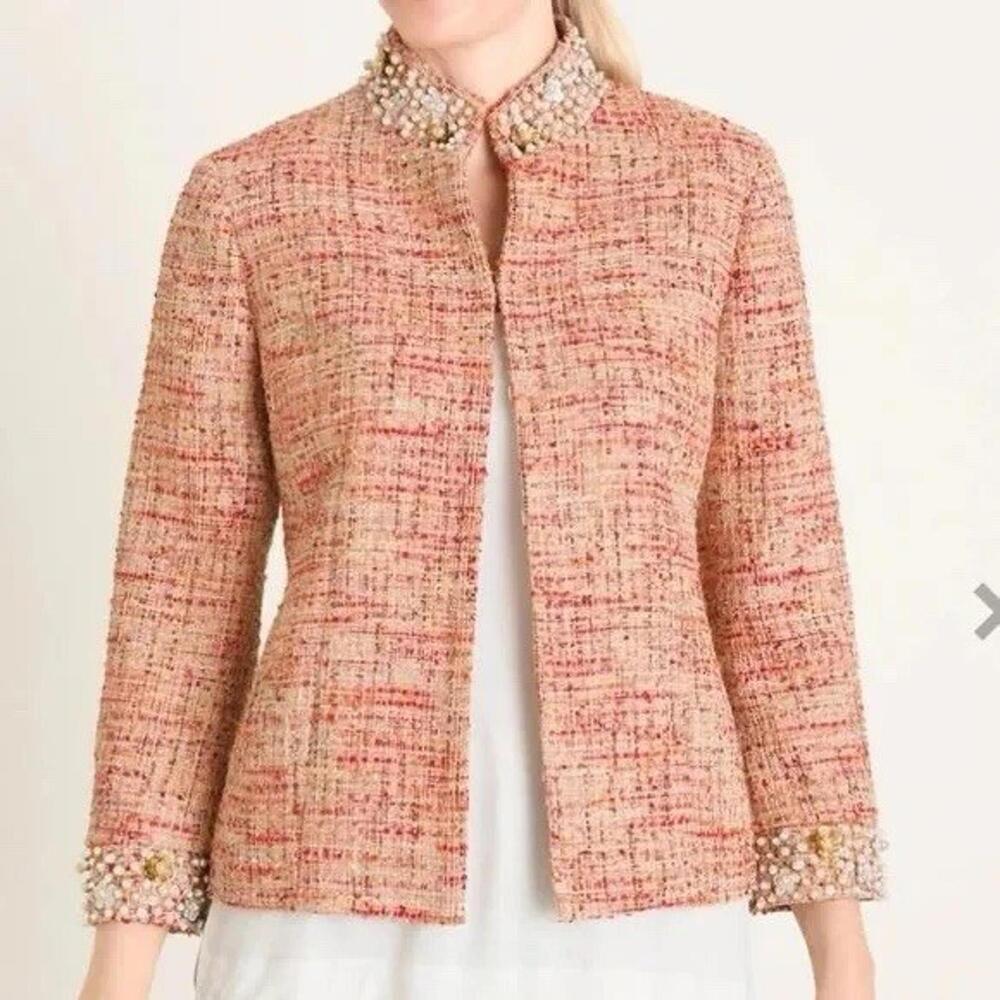 Chico's jacket 12 large L tweed embellished pearls coat blazer coquette twee